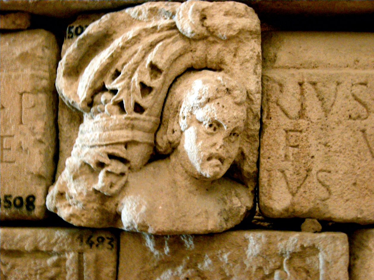 Head, fragment of a sarcophagus, c.1st century by Roman
