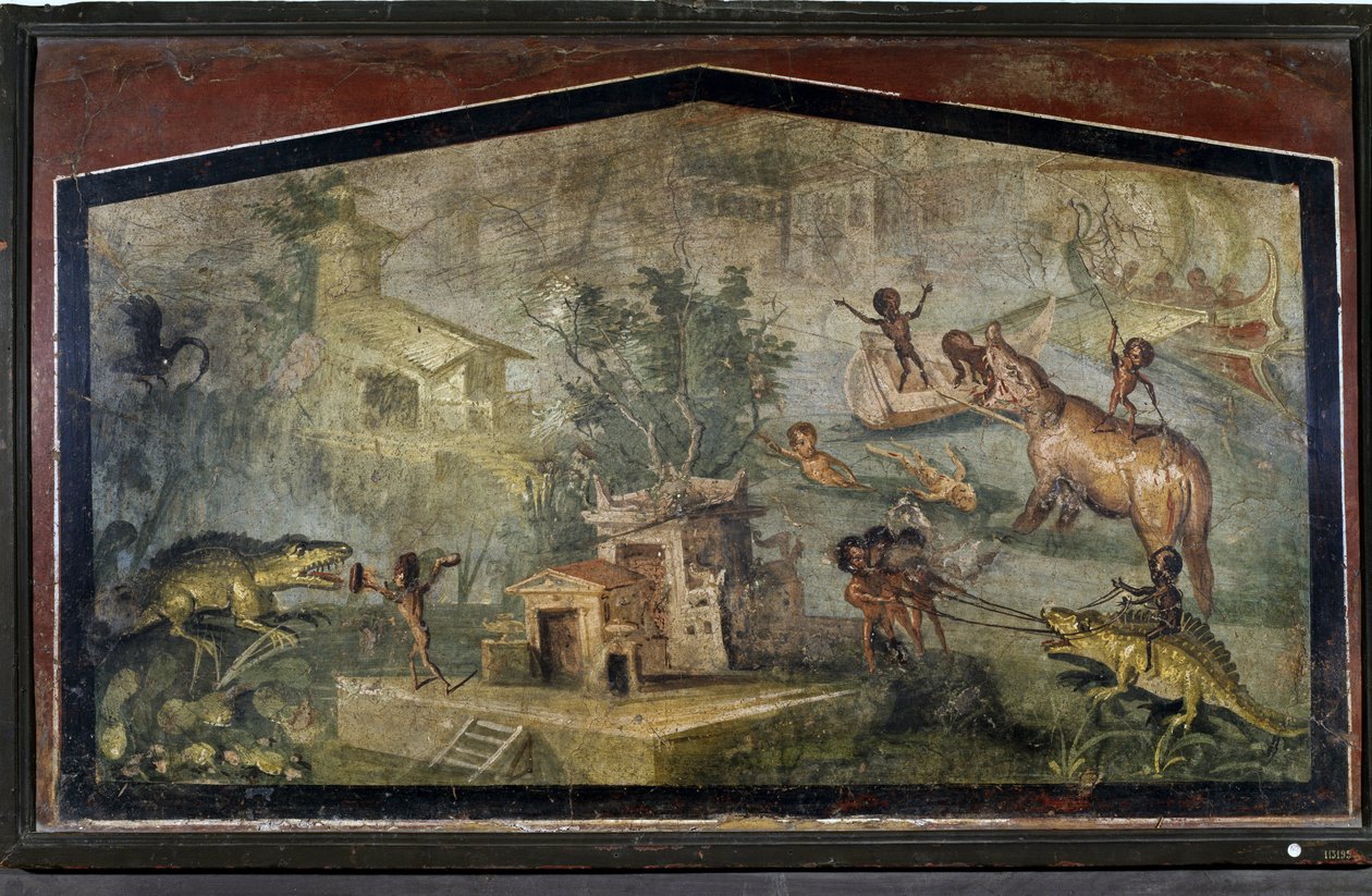 Pygmies Hunting Crocodiles and Elephants from Pompei by Roman