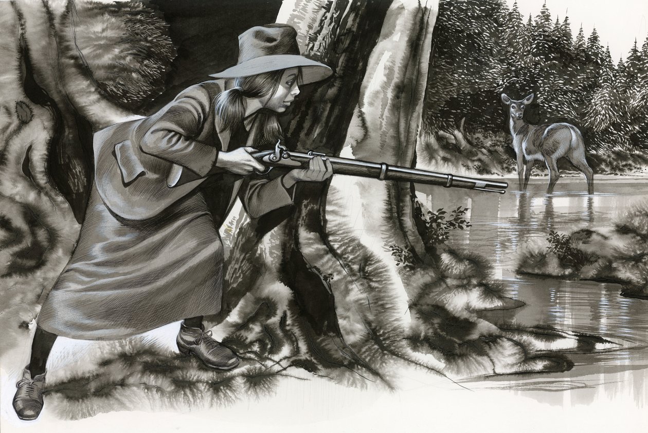 Annie Oakley Shooting a Buck by Ron Embleton