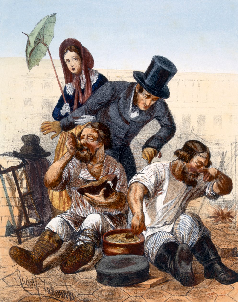 Rich Couple Speak to a Pair of Drunken Carpenters Cooking and Eating in the Street, 1843 by Rudolf Jukowsky