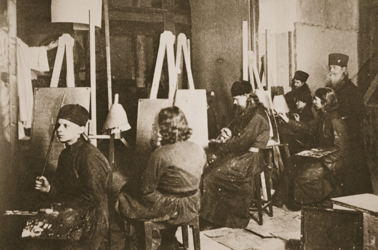 Icon Painting at Valamo monastery on Lake Ladoga, c.1885 by Russian Photographer