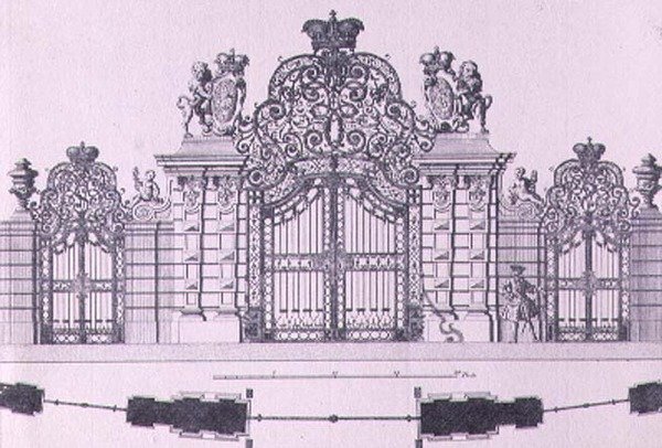 Plan and elevation of the entrance gates to Schloss Belvedere in Vienna probably designed by Johann George Oegg c.1725, engraved by Johann August Corvinus by Salomon after Kleiner