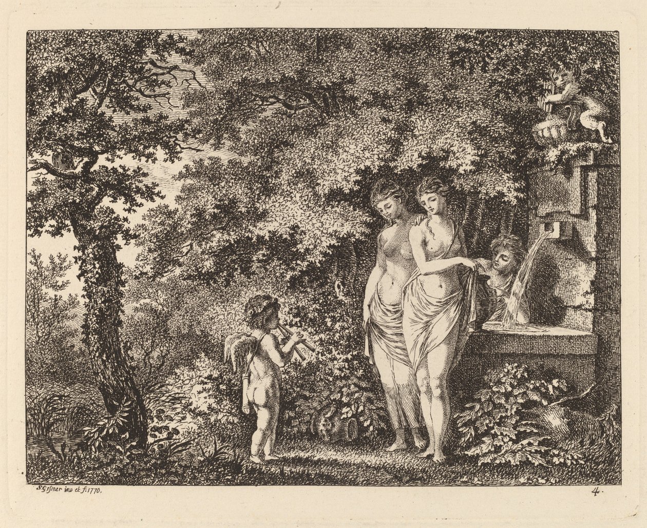Eros with Three Girls at a Fountain by Salomon Gessner