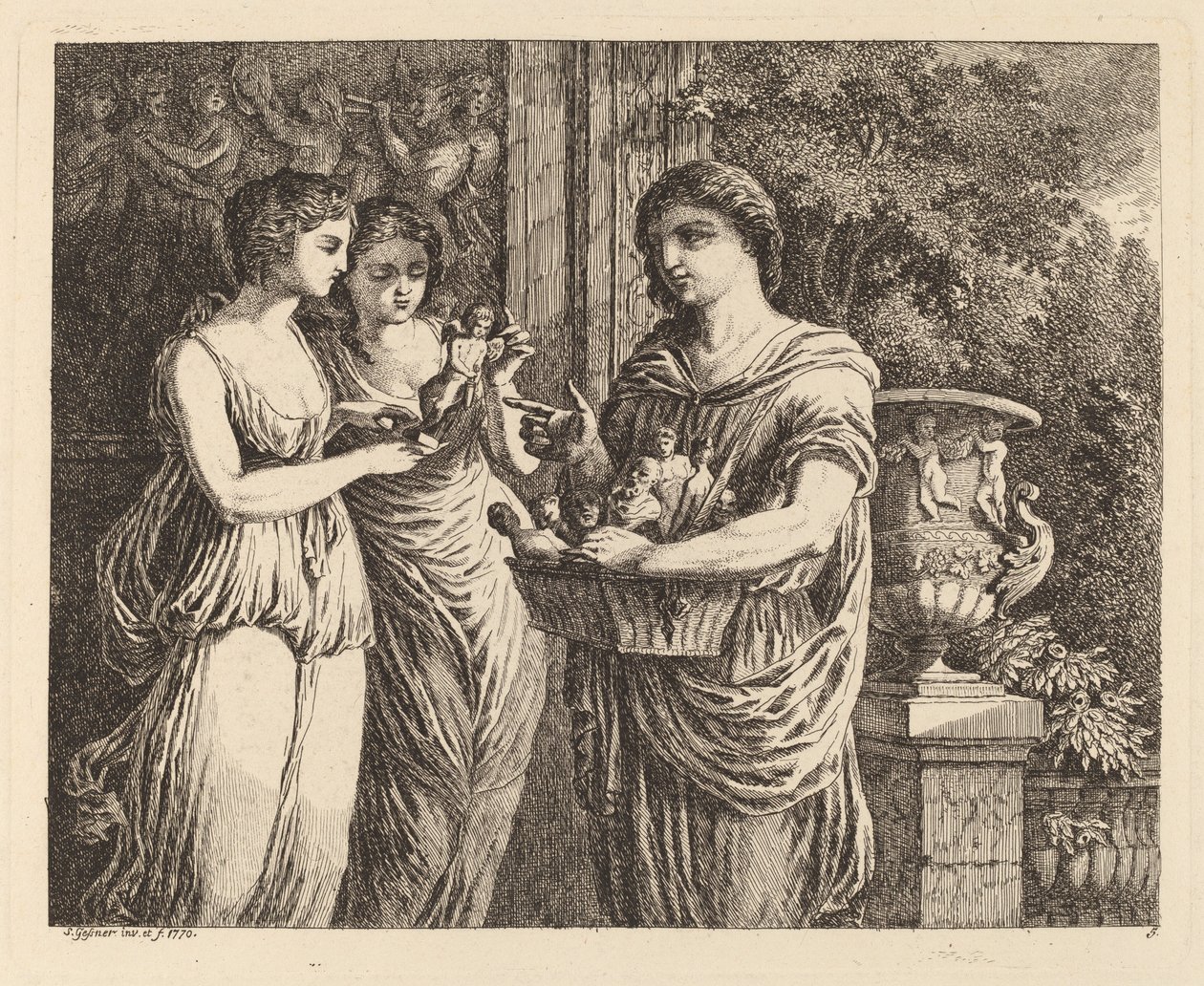 Figurine Seller with Two Girls by Salomon Gessner
