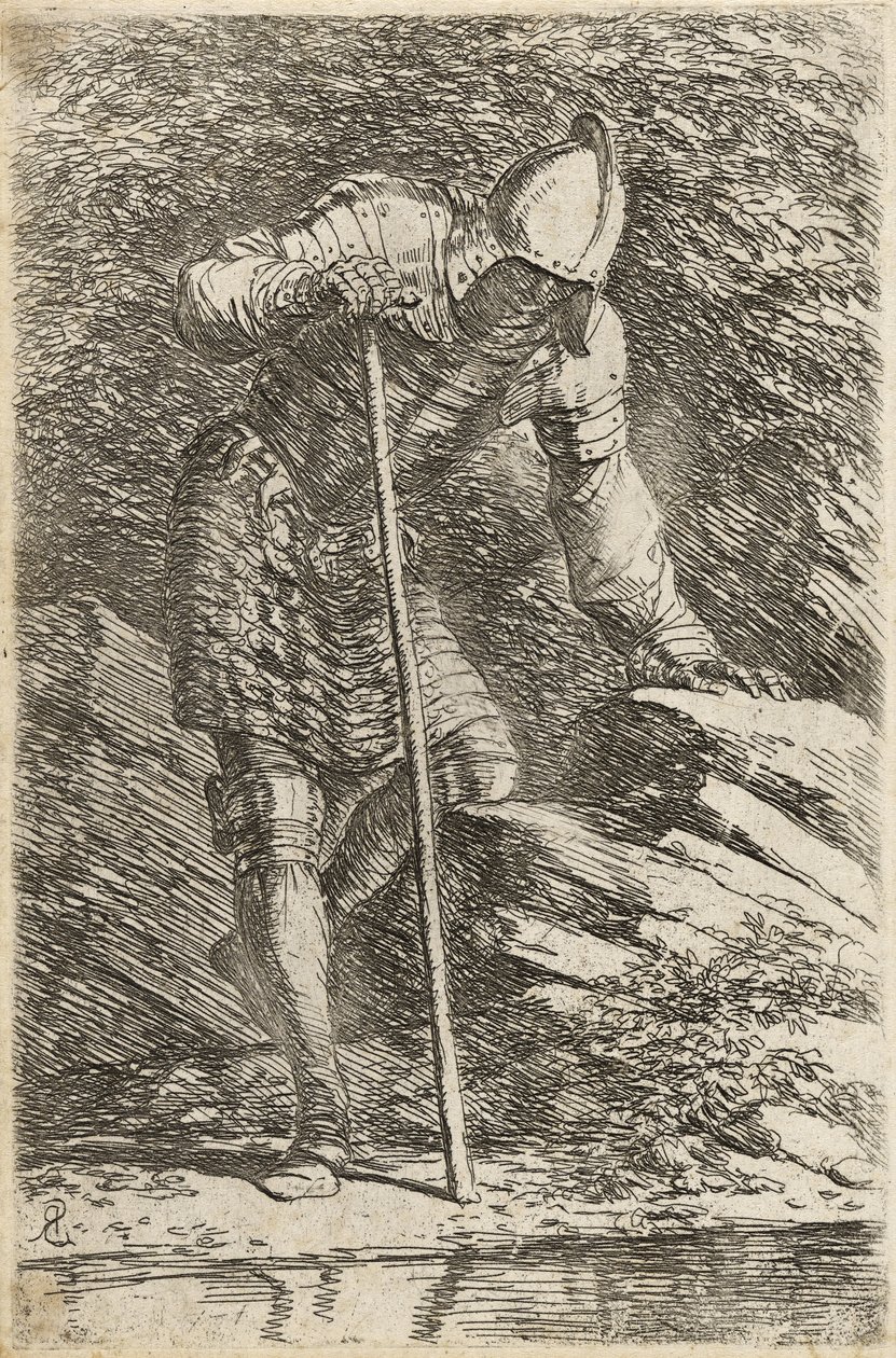 Soldier in Helmet and Armour Regarding a Stream by Salvator Rosa