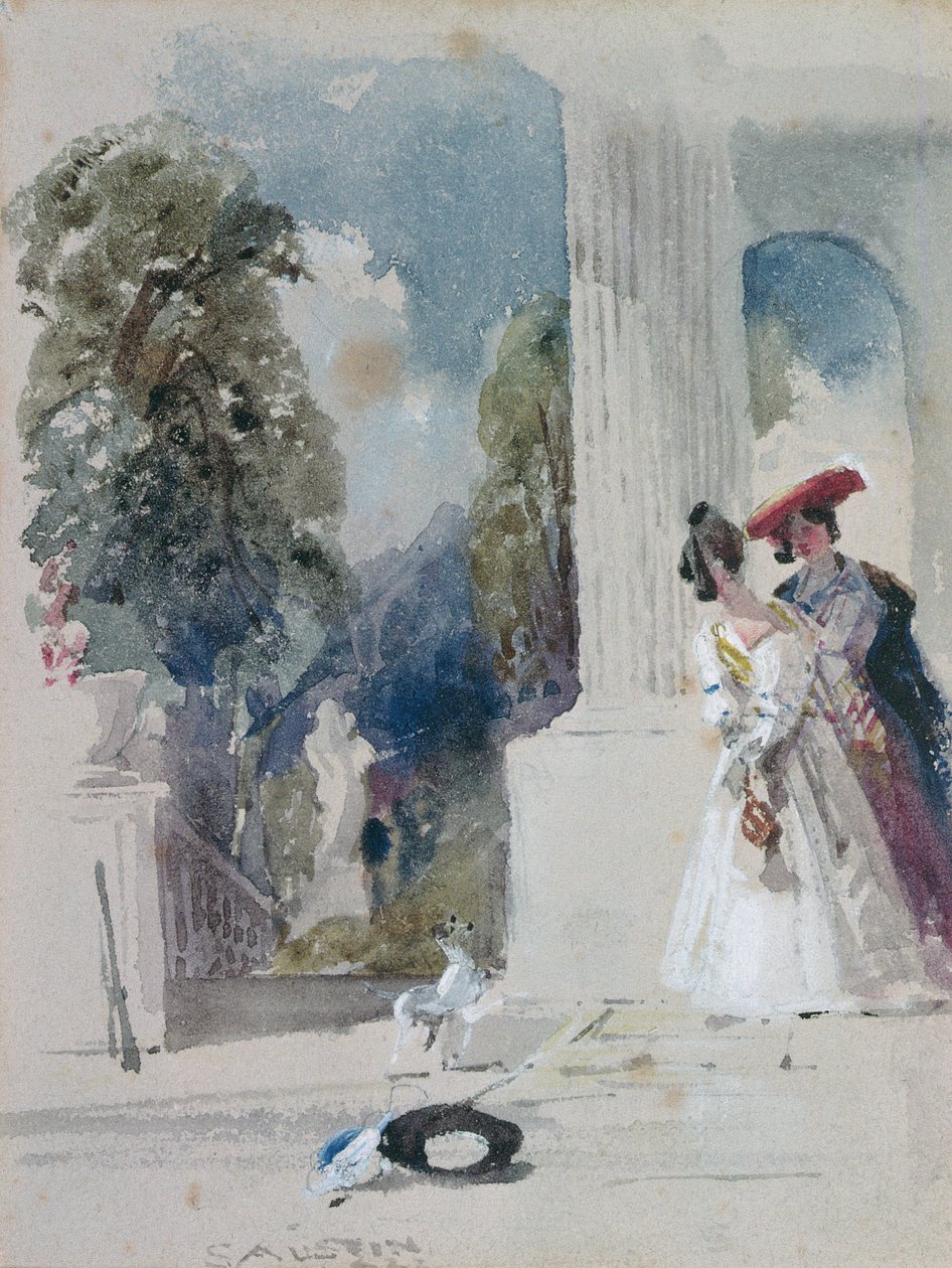 Two Ladies Standing Beside a Pillared Portico by Samuel Austin