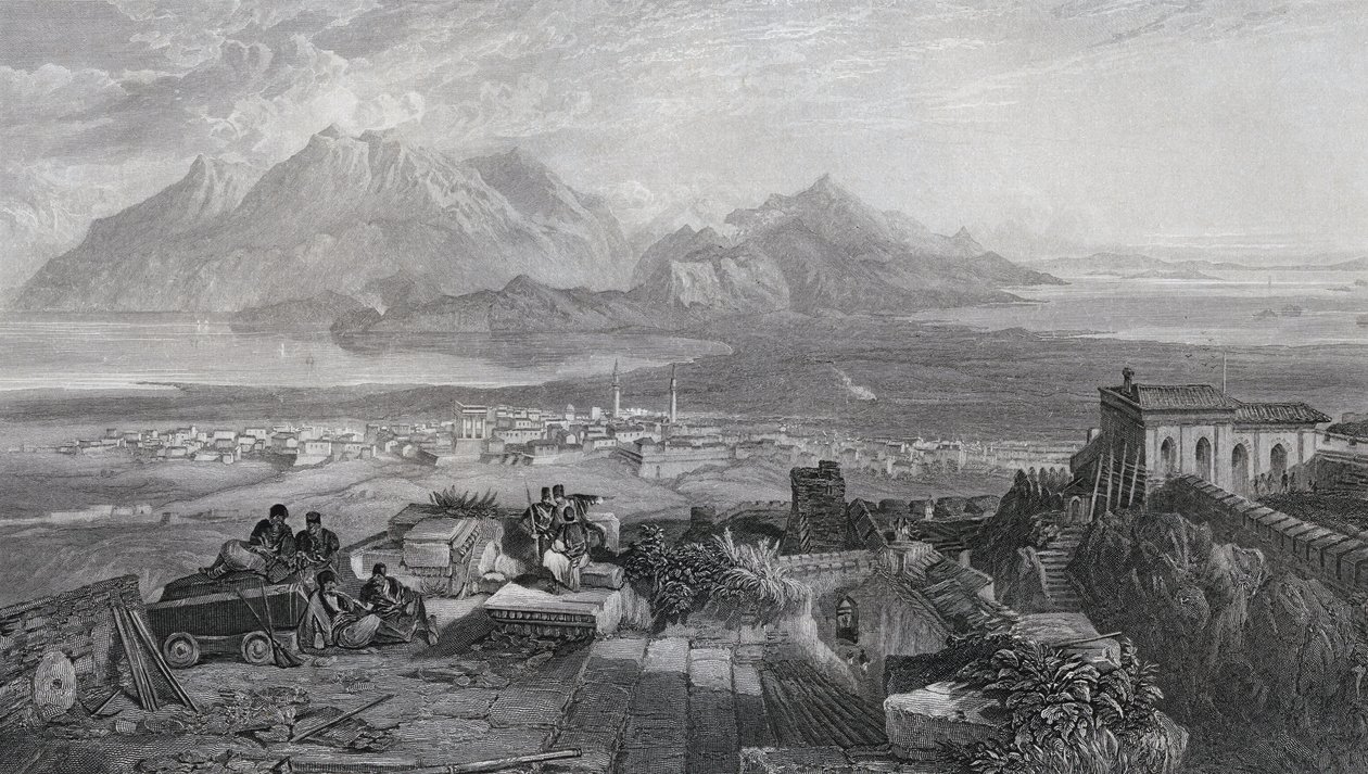 Town and Isthmus of Corinth seen from the Acropolis, engraved by W. Miller, from 