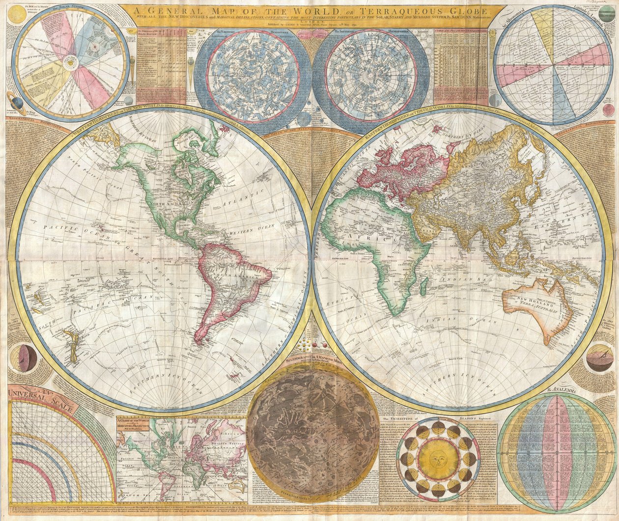 Map of the World in Hemispheres by Samuel Dunn