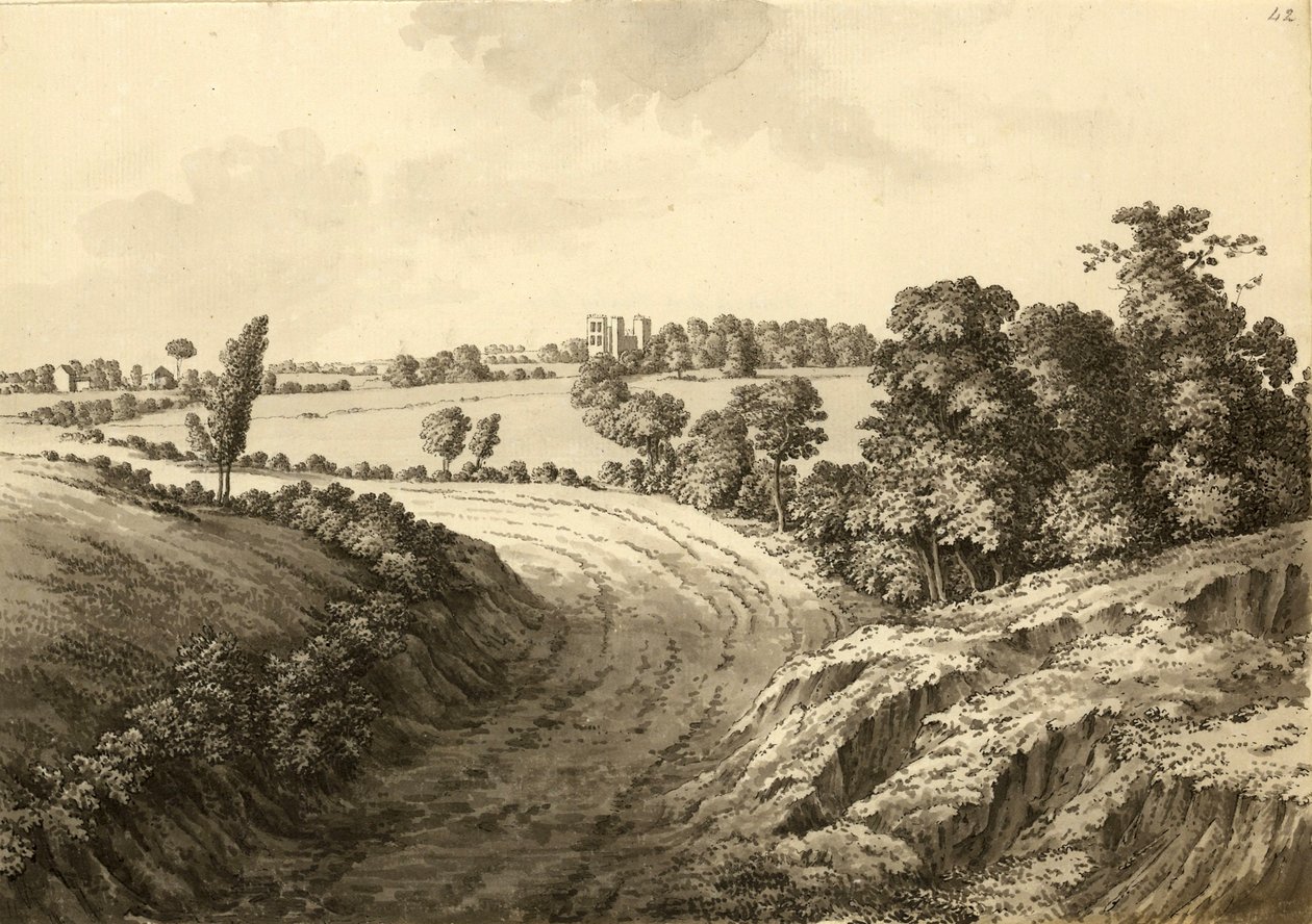 Hardwick Hall from Thakley Lane in Derbyshire by Samuel Hieronymous Grimm