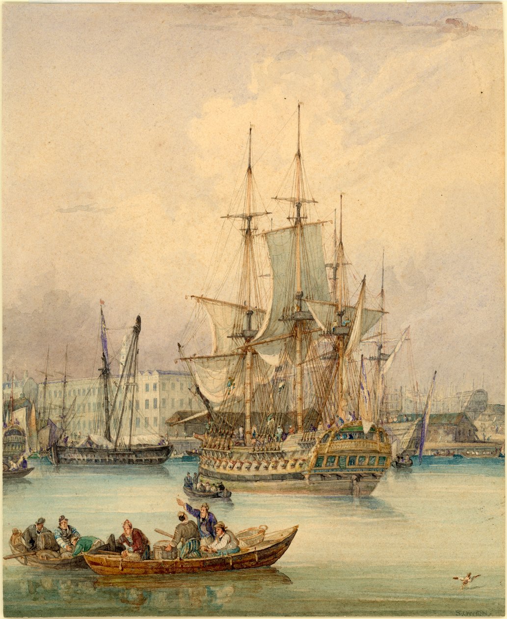 River Scene with Shipping by Samuel Owen