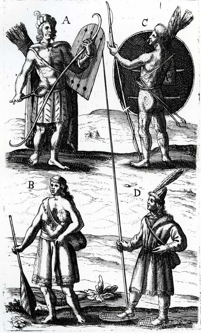 Illustrations of Algonquin dress, engraving from Voyages of Sieur de Champlain by Samuel de Champlain by Samuel de Champlain