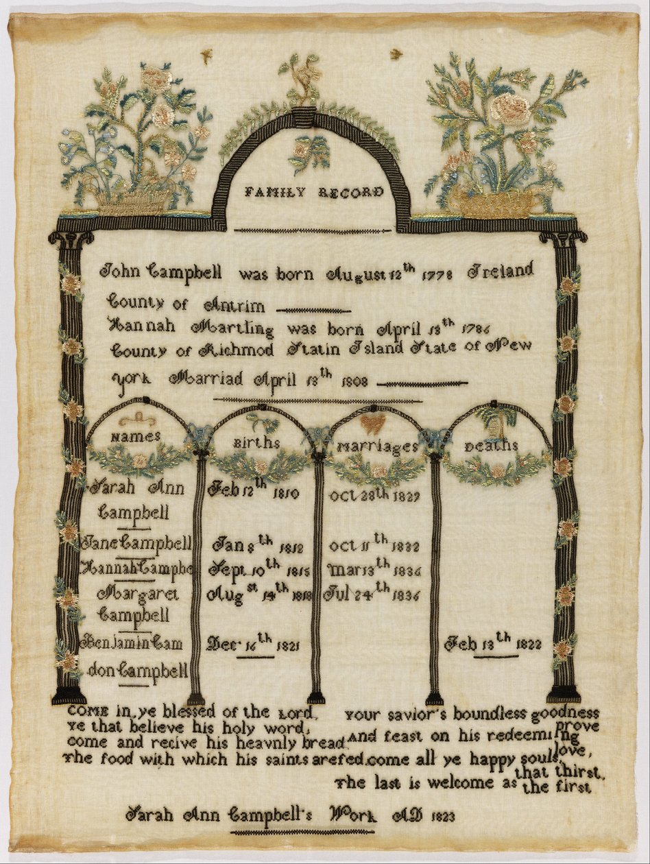 Family Register Sampler by Sarah Ann Campbell