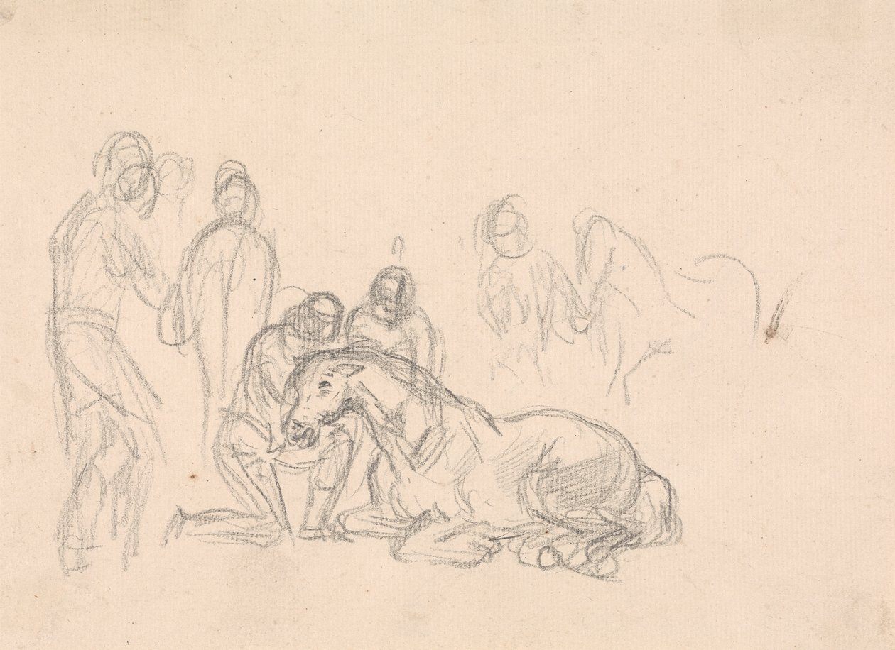 Two Figures Kneeling Beside a Horse by Sawrey Gilpin