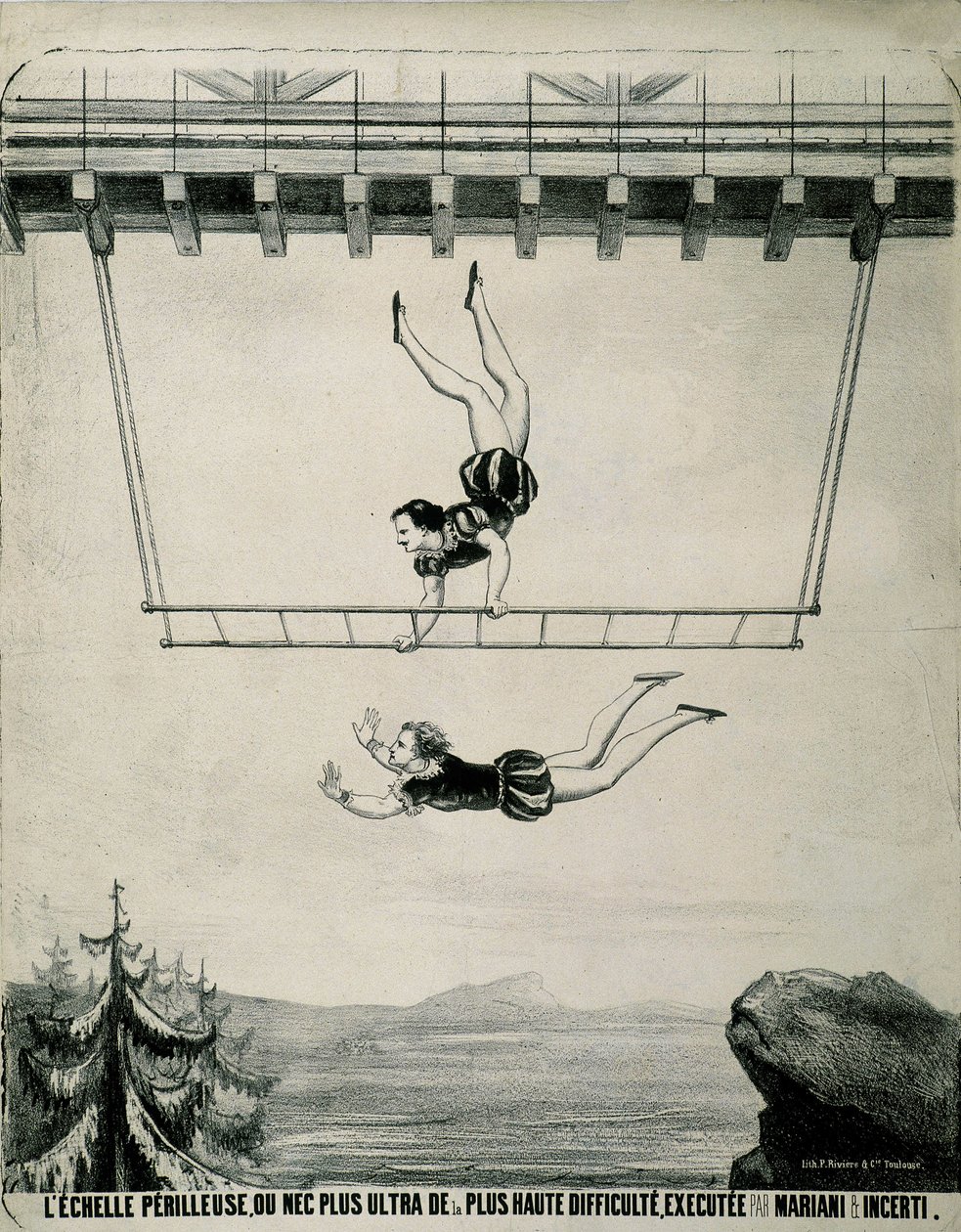 Trapezists on the perilous ladder by School French