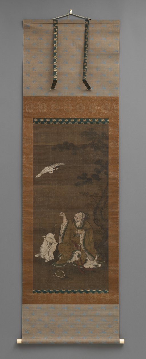 Man with deer, flying crane by Japanese School