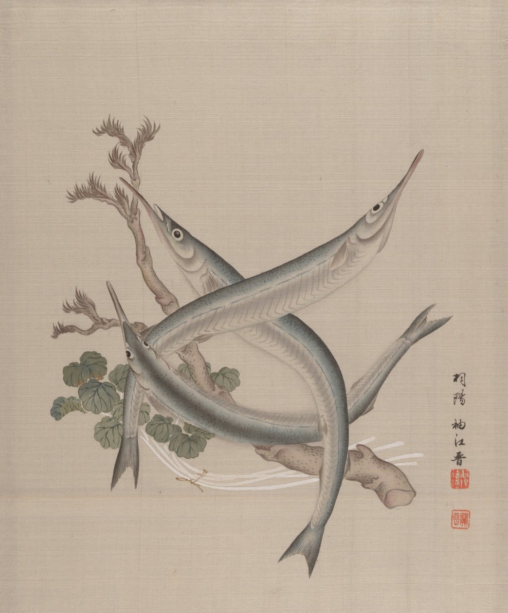 Three Fishes and a Branch by Seki Shuko
