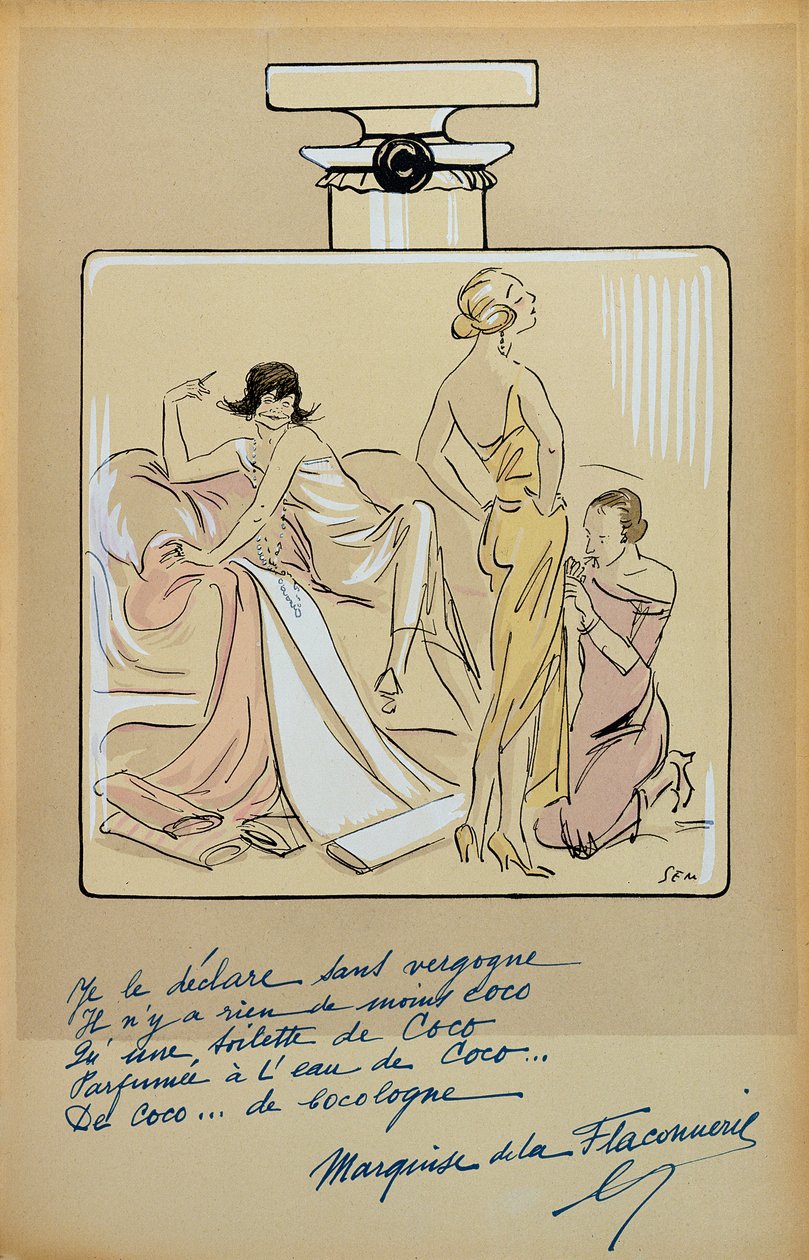 Caricature of Coco Chanel in a Bottle of Chanel No.5, from 