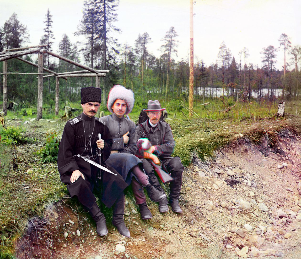 The Photographer Sergey Mikhailovich Prokudin-Gorsky and Two Men in Cossak Dress, Murmansk Railway, Russian Empire 1915 by Sergey Prokudin Gorsky