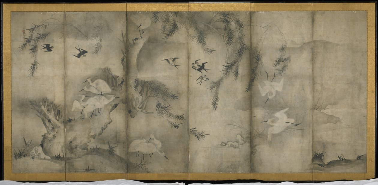 Willow, Egrets in Plum and Willow, Six-panel folding screen by Sesson Shkei