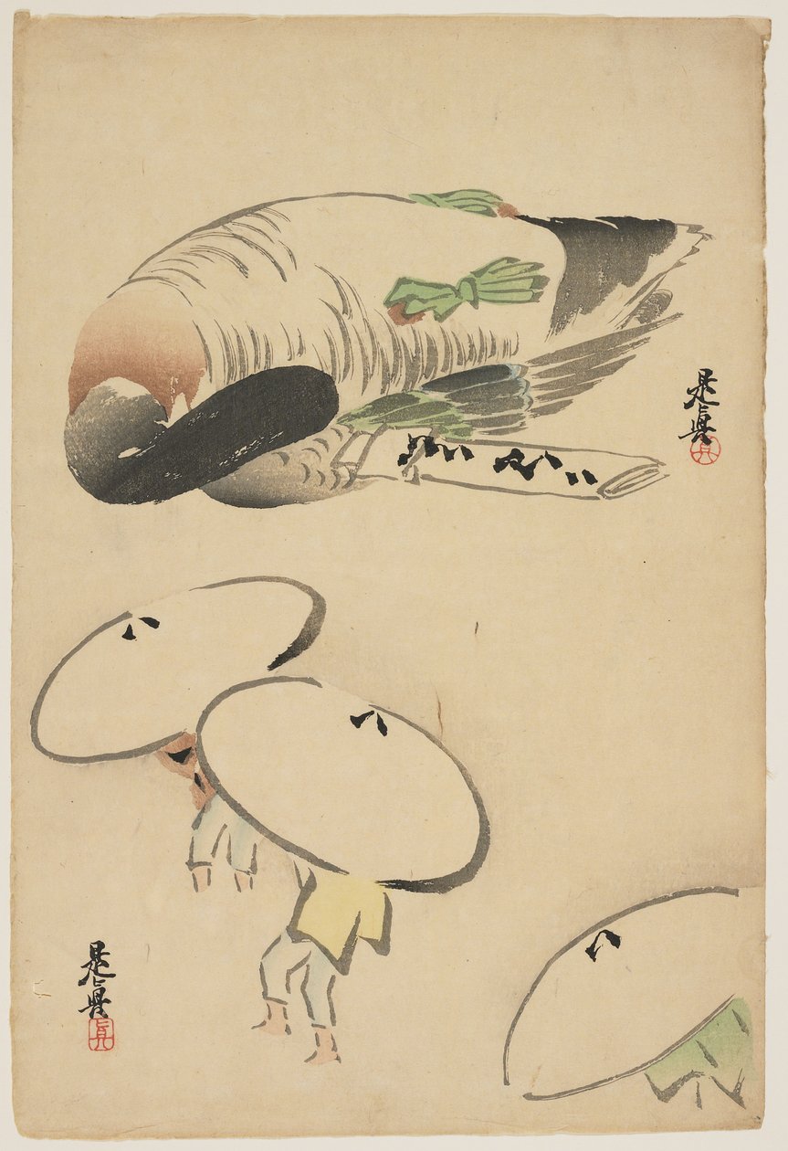Pheasant Three men with umbrellas by Shibata Zeshin