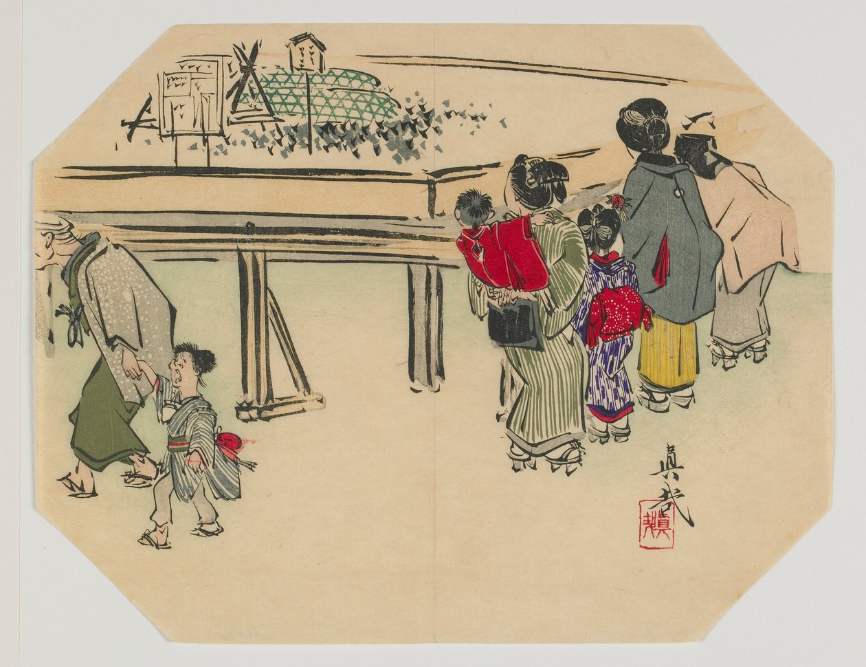 Print for an Uchiwa, Women and Children, Meiji Era, Late 19th Century by Shibata Zeshin