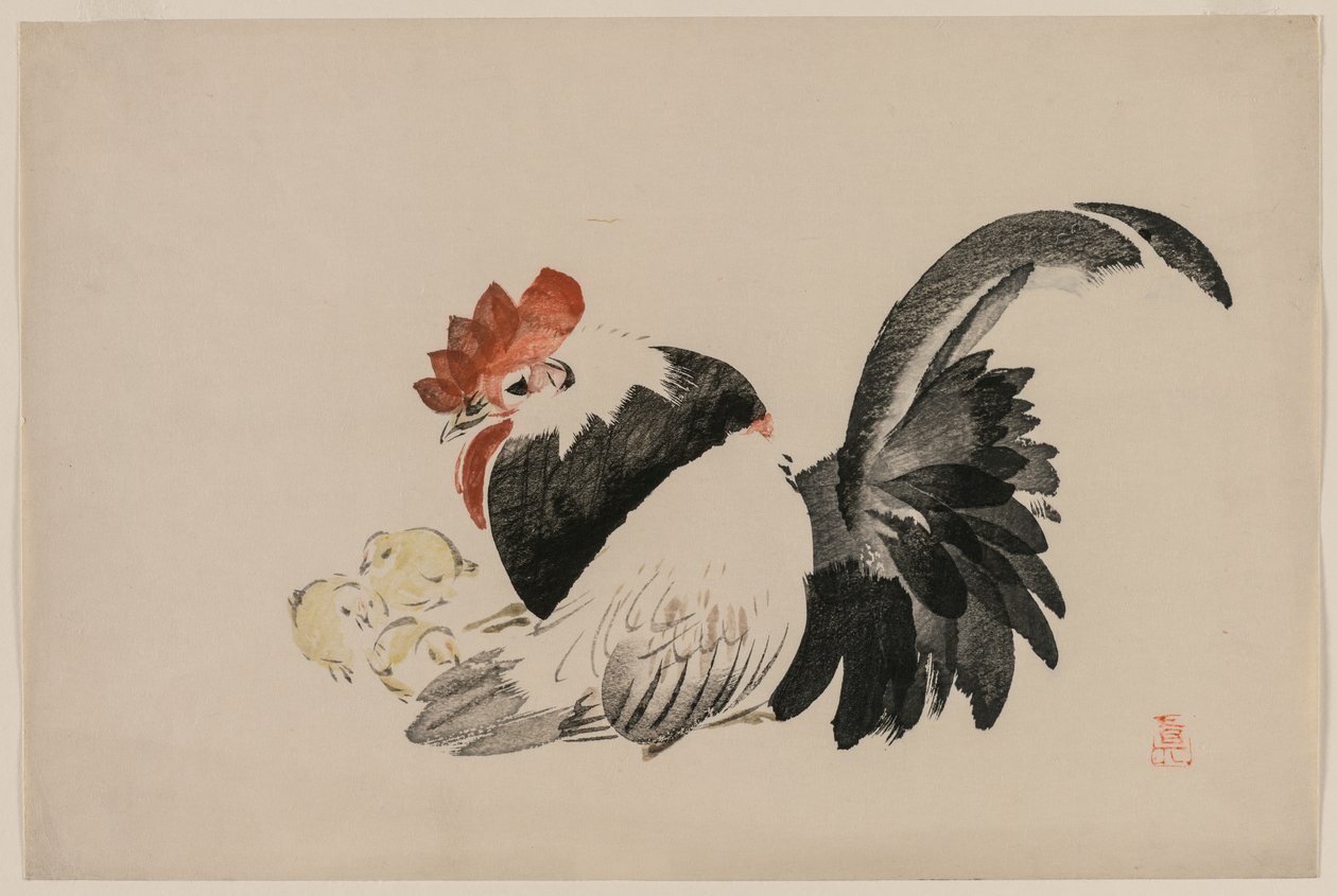 Rooster, Hen, and Chicks, c. 1880s by Shibata Zeshin