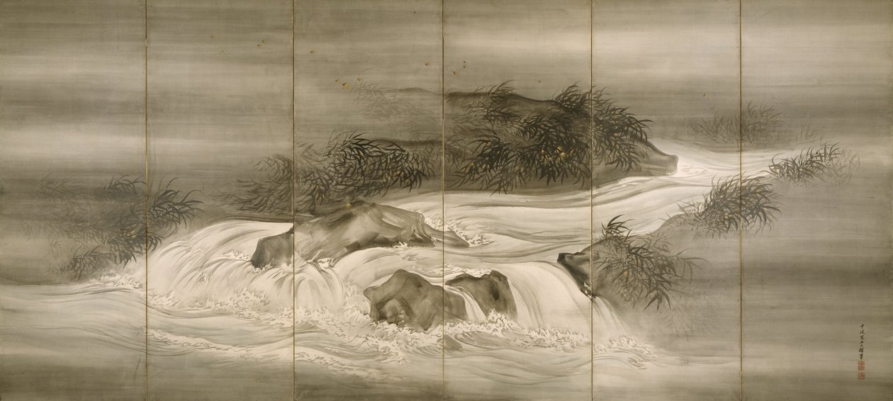 River Landscape with Fireflies by Shiokawa Bunrin