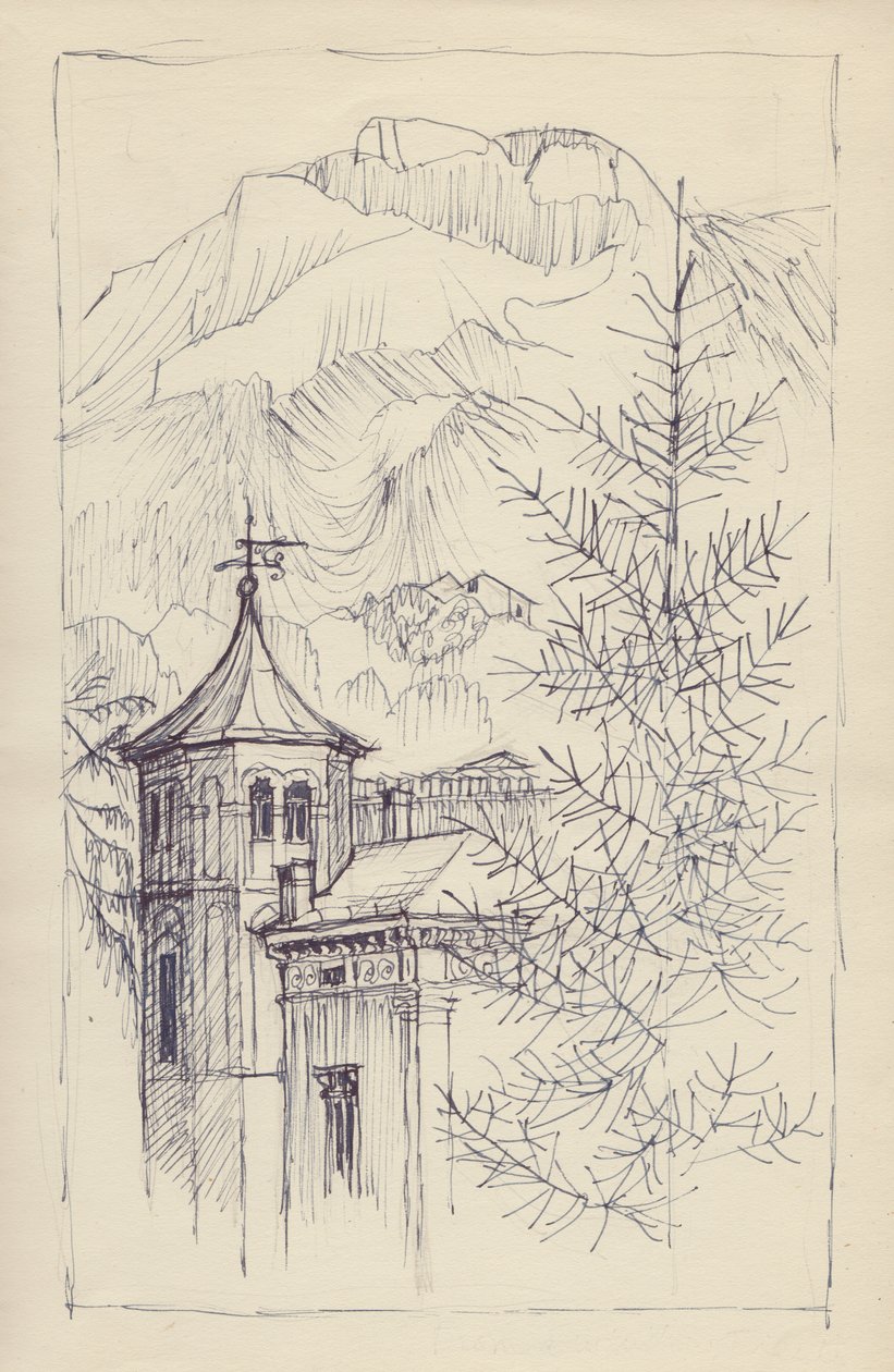 Church and Mountains, Italy by Shirley Markham