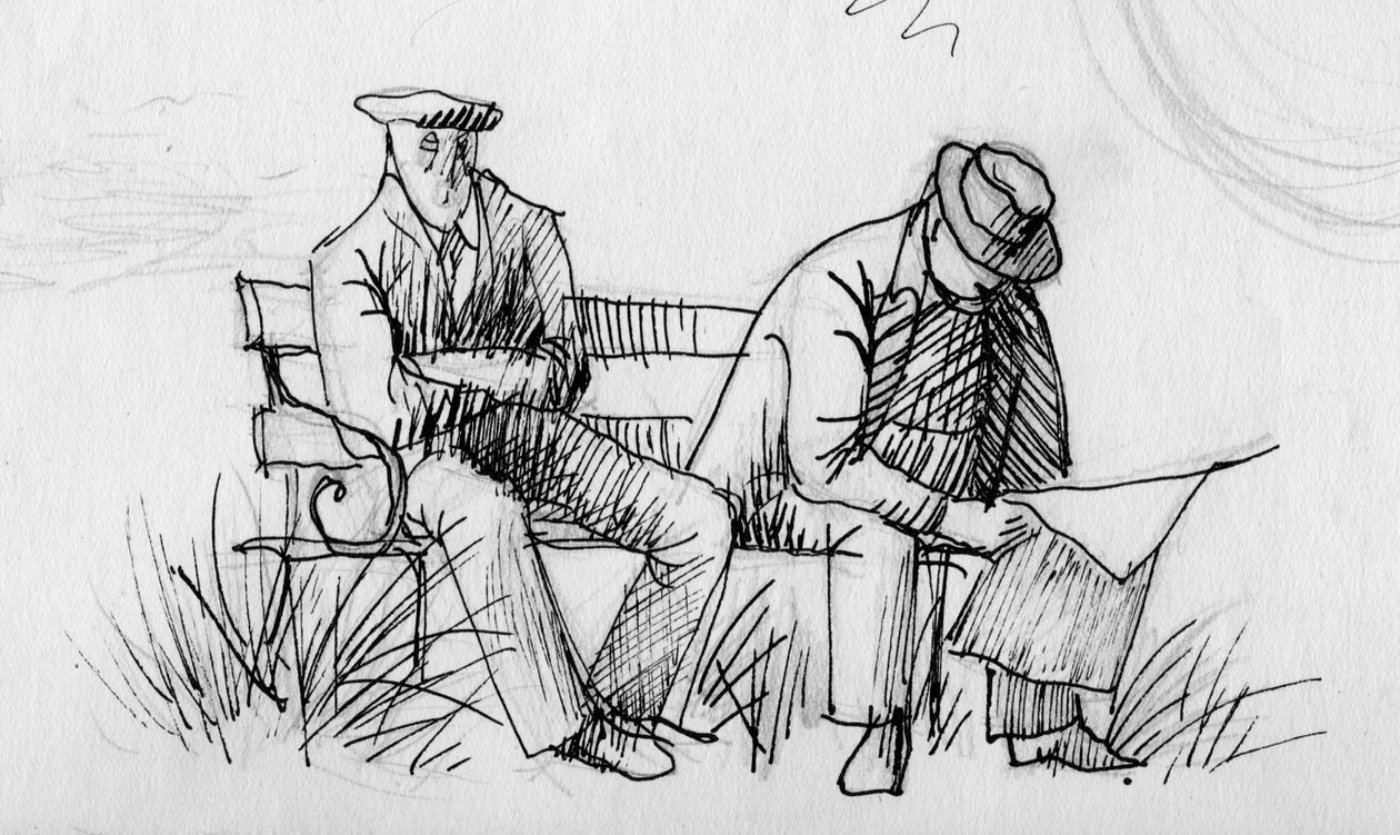Two men on a bench, c. 1950 by Shirley Markham
