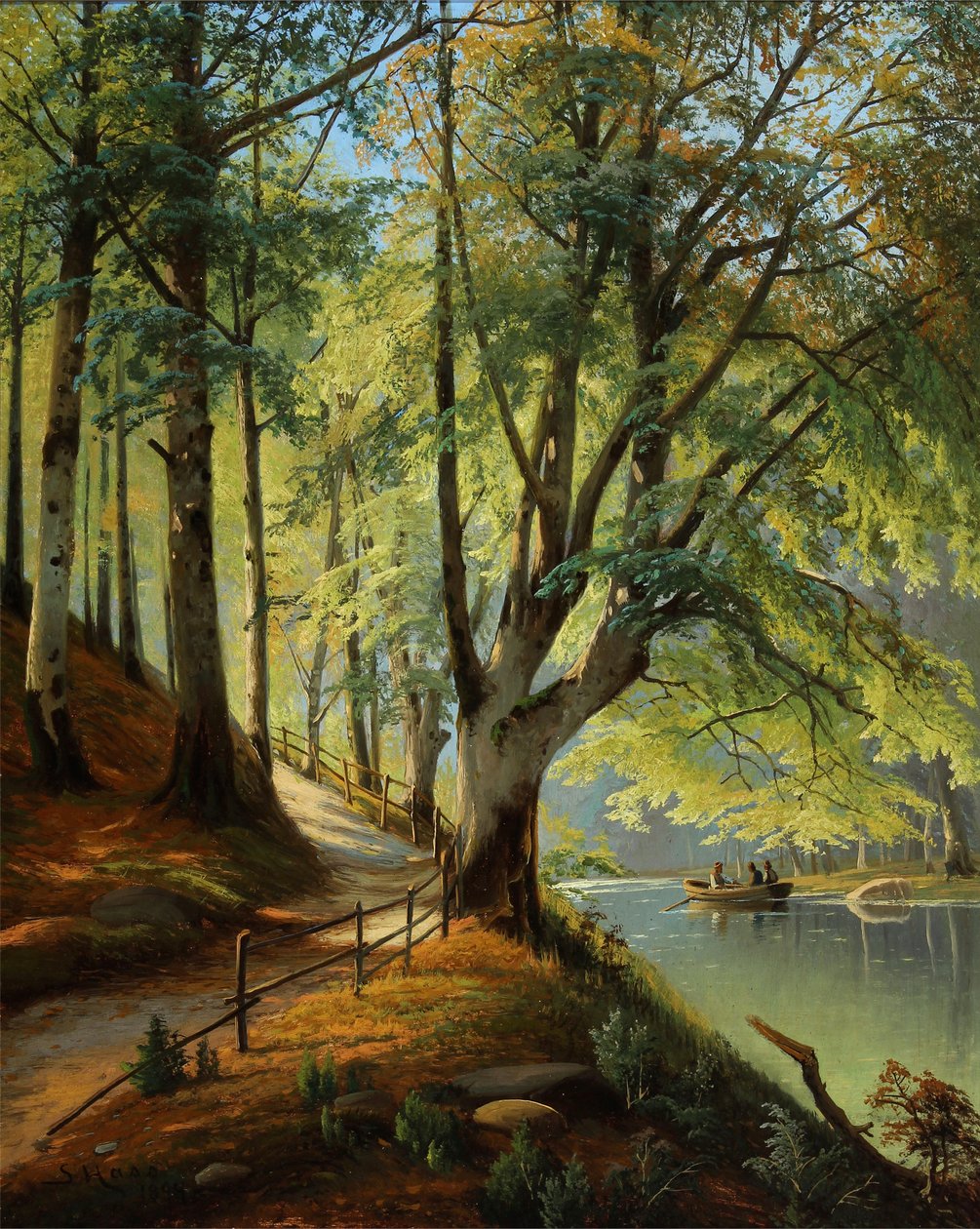 Forest Scene with Newly Sprouted Beech Leaves and People in a Rowboat by Siegfried Hass