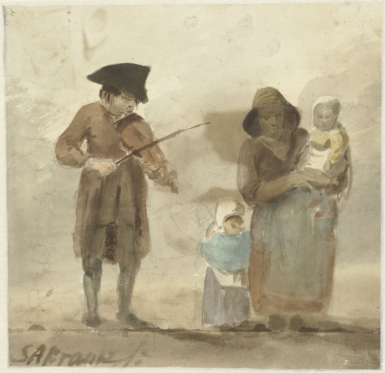 Street Musician with Woman and Children by Simon Andreas Krausz