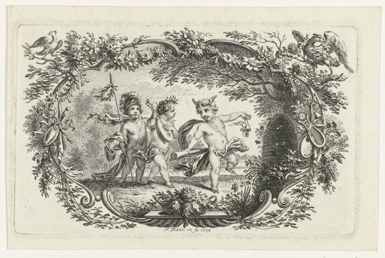 Three Putti by a Beehive by Simon Fokke