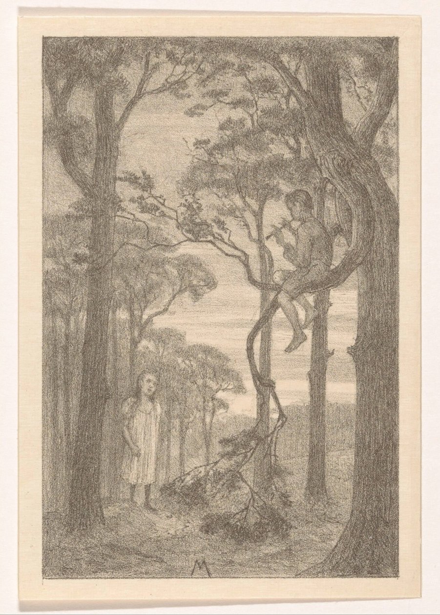Girl and Flute Player in Forest by Simon Moulijn