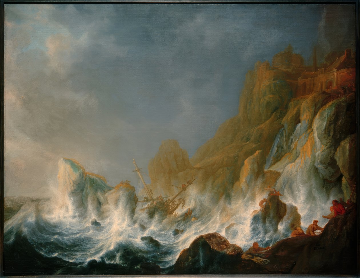 Shipwreck in a Sea Storm on a Rocky Coast by Simon de Vlieger