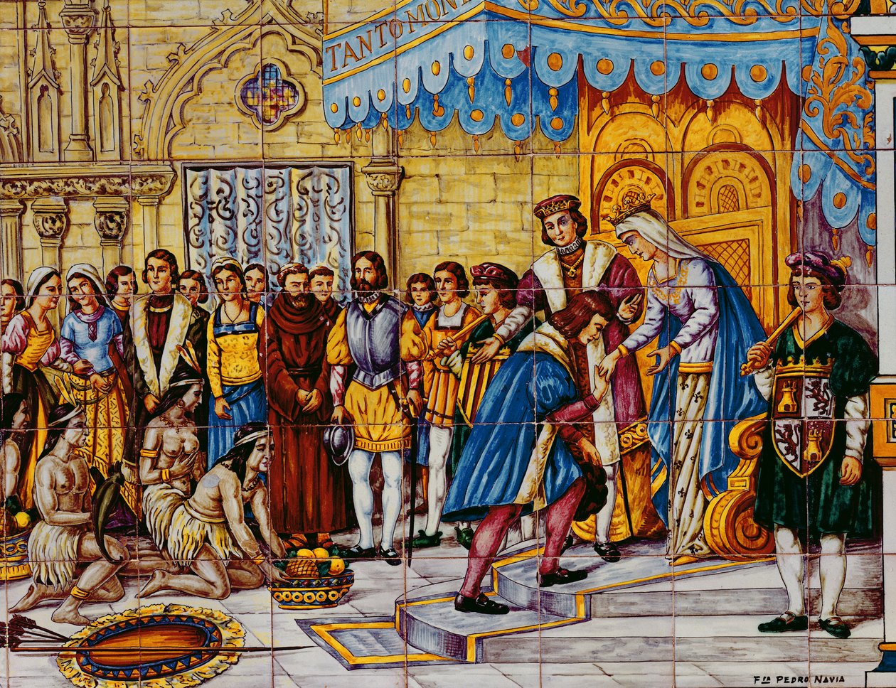 Tiles Depicting the Reception of Christopher Columbus by the Catholic Kings, Ferdinand of Aragon and Isabella of Castille in Barcelona on His Return from America in 1492 by Spanish School