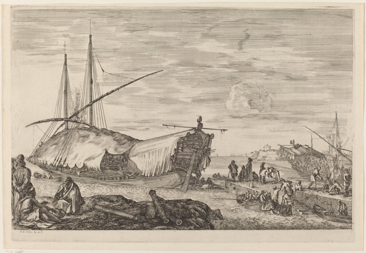 Galley with Deck Covered with Sails by Stefano della Bella