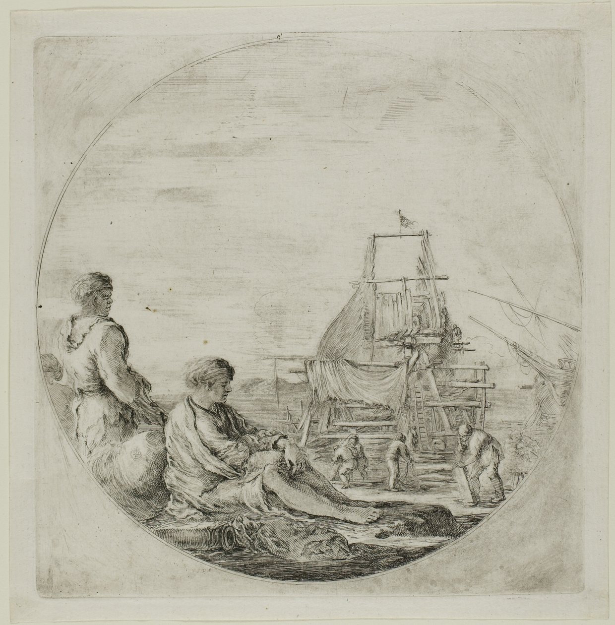 Shipyard with Two Sailors by Stefano della Bella