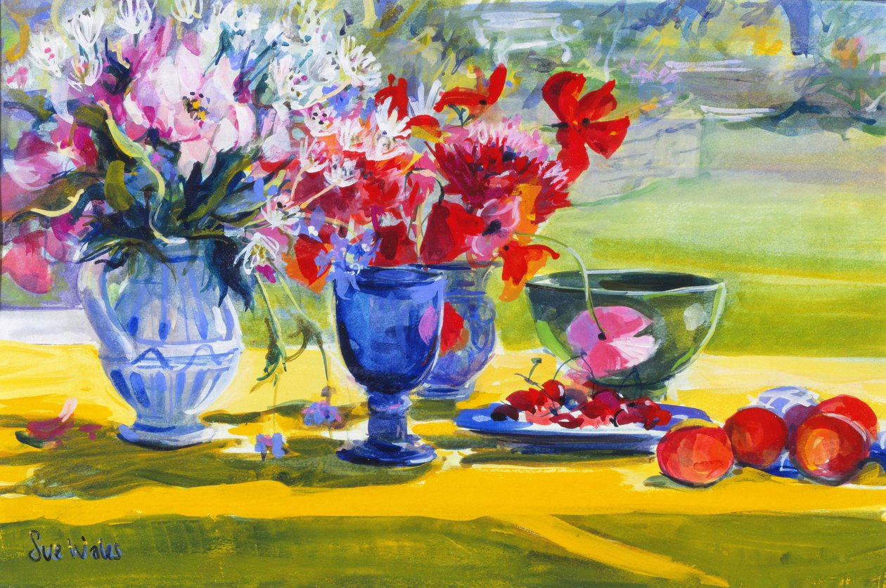 Midsummer Flowers on Garden Table by Sue Wales