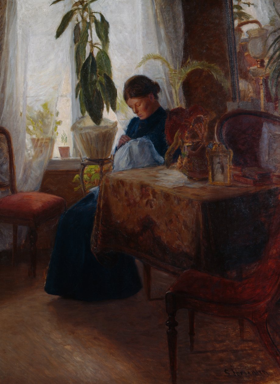 Interior with Woman Sewing by Sven Jorgensen