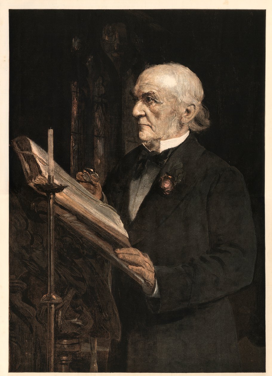 William Ewart Gladstone Reading the Lesson in Hawarden Church by Sydney Prior after Hall