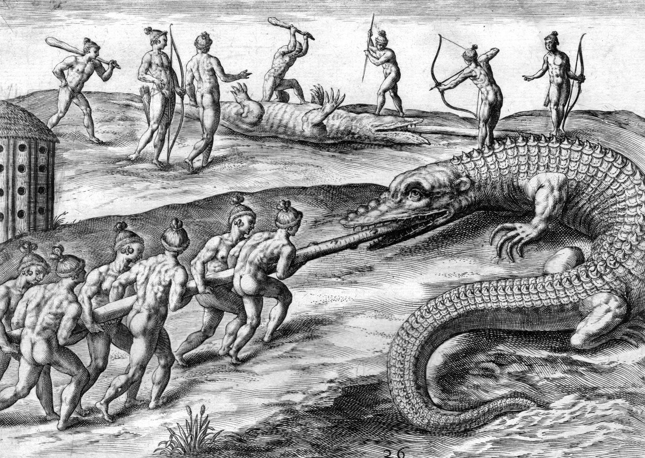 Timucuan indians hunting alligator by Theodor de Bry