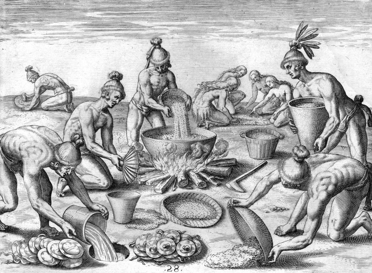 Timucuan Indians preparing a feast by Theodor de Bry
