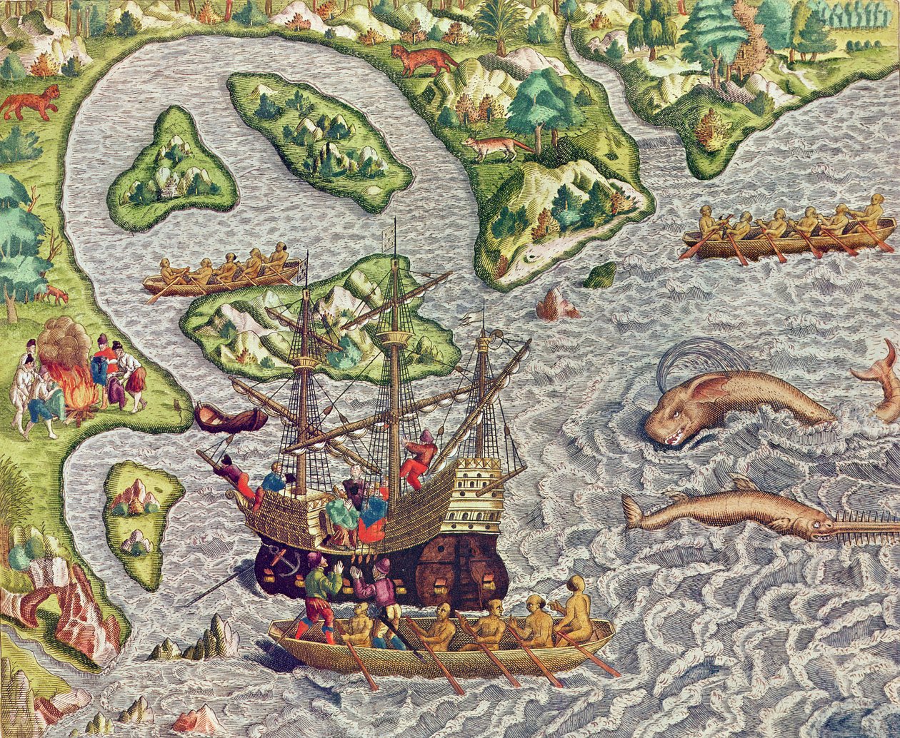 Americae Tertia Pars, Boarding Our Ship with the Help of a Barbaric Boat (page 333), 1562 by Theodore de Bry