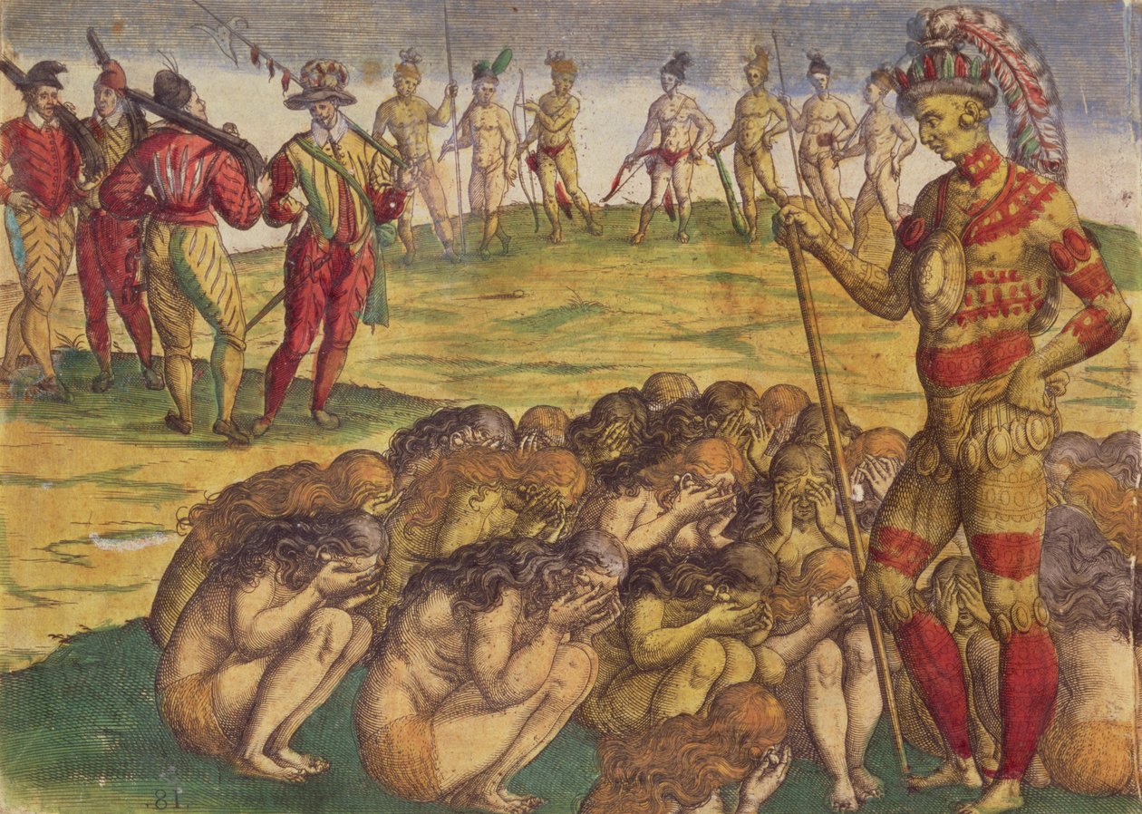 Capture of the Aztecs by the Spanish Colonists, book illustration, c.1550 by Theodore de Bry