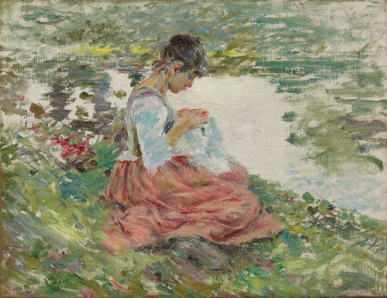 Girl Sewing by River, c.1891 by Theodore Robinson