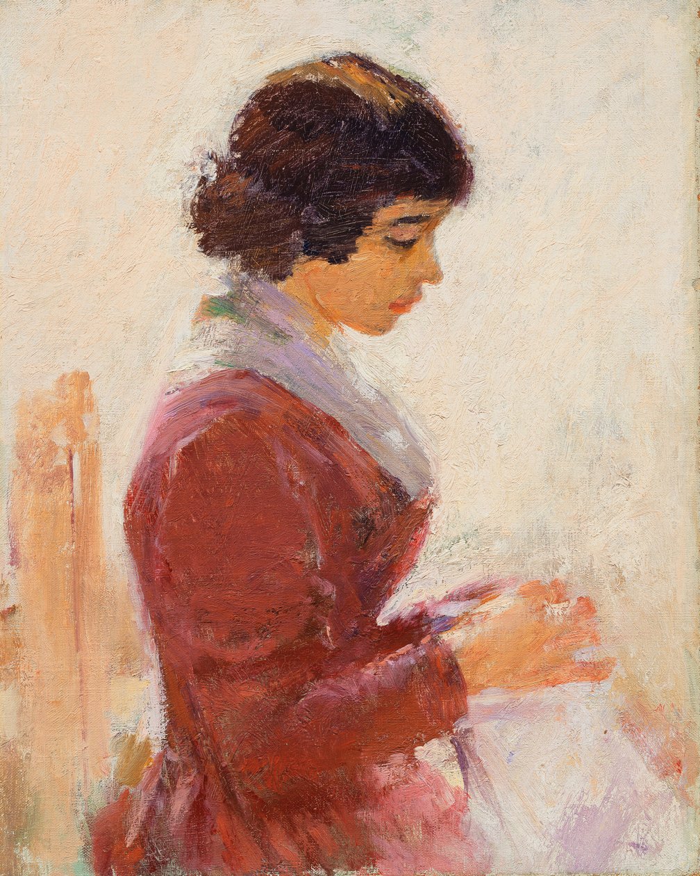 Girl in Red, Sewing by Theodore Robinson