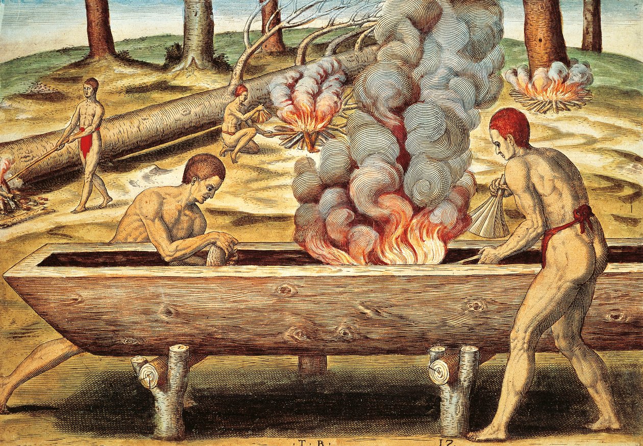 Virginia natives building a piroga by Theodore de Bry