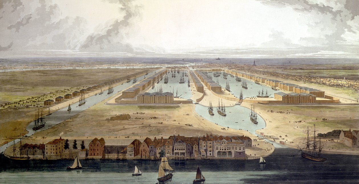 Elevated View of the New Dock and Warehouses, 1802 by Thomas und William Daniell