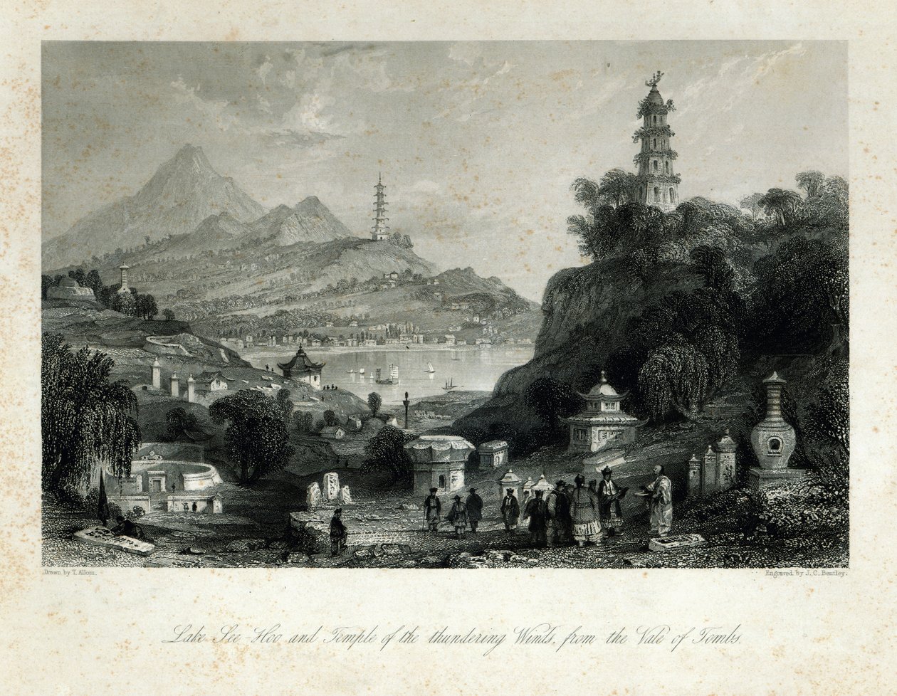Lake See-Hoo and the Temple of the Thundering Winds, from the Vale of Tombs, engraved by J.C. Bentley, 1843 by Thomas Allom