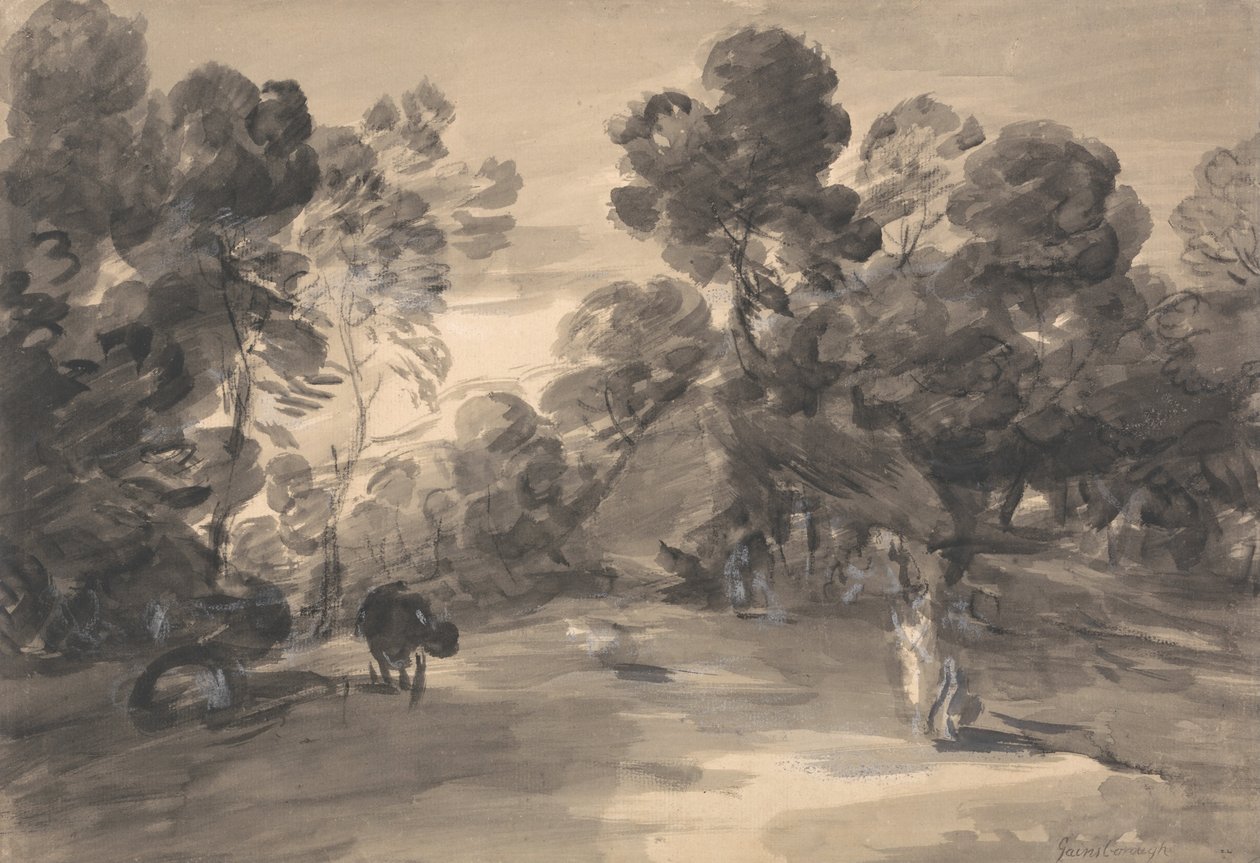 Wooded Landscape with Figures, Cottage and Cow by Thomas Gainsborough